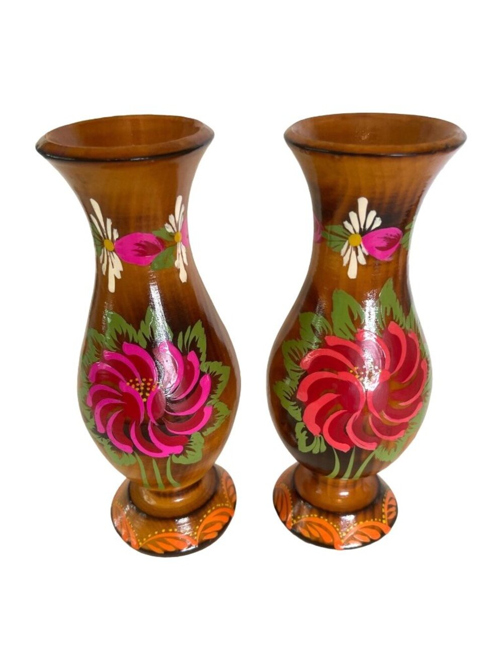 Vintage Hand Painted Wooden Bud Vase Pair Lacquered Floral Folk Art 8.5"